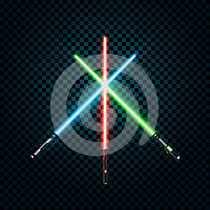 Set of realistic light swords. Crossed sabers. Vector illustration on transparent background photo