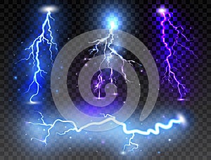 Set of realistic lightnings on transparent background. Thunder-storm and thunderbolt for design. Vector illustration