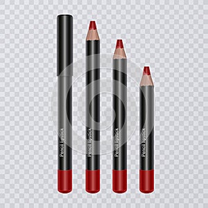 Set of realistic lip pencils on transparent background, lip liners of bright red color, vector illustration