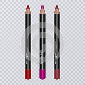 Set of realistic lip pencils on transparent background, lip liners of different bright colors, vector illustration
