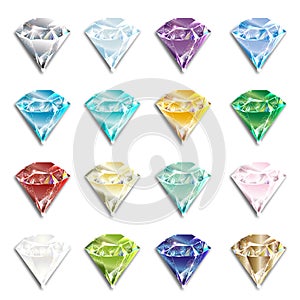 Set of realistic luminous gems of different colors, side view, white background.