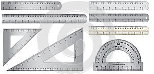 Set of realistic metal ruler in metal, plastic and wooden concept.