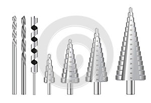 set of realistic metallic drill bits or metal work steel tools. eps vector..
