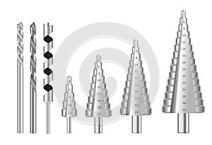 set of realistic metallic drill bits or metal work steel tools. eps vector..