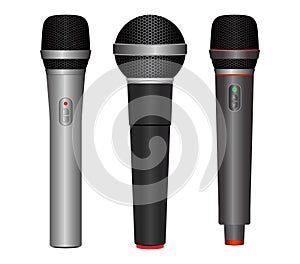 Set of realistic microphone isolated or music studio mic equipment or 3d microphone for karaoke and concert.