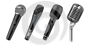 Set of realistic microphones for stage, vocal, karaoke or public speech. Modern audio equipment