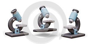 Set of realistic microscopes, view from different sides. Modern laboratory equipment