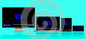 Set of realistic modern digital devices with reflections. Video player template. Vector illustration