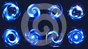 A set of realistic modern illustration of magic glowing swirl lines. A flare circular and vortex spin. An abstract 3d
