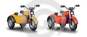 Set of realistic motorcycles of different colors. Yellow and red tricycle with sidecar
