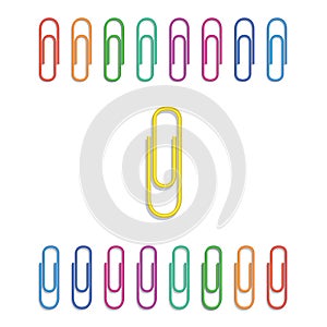 Set of realistic multi colored paper clips isolated on white background. Design element for school supplies. Stationery and office