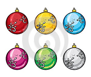 A set of realistic multicolored Christmas balls. Vector illustration. Isolated objects on white background for design.