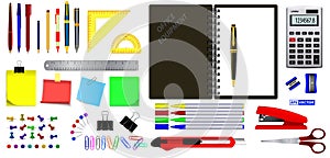 Set of realistic office equipment tools or school stationery item of education or back to school concept.