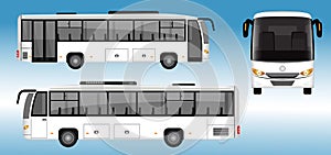 Set of realistic passangers bus or travel bus side view and front back view or mockup automotive public transport template.