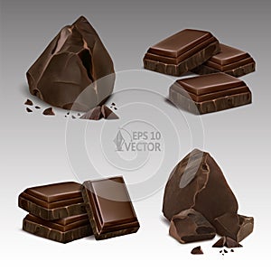 Set of realistic pieces and slices of chocolate. Dark chocolate, broken crumbs, 3d vector illustration
