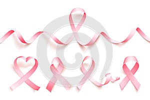 Set of realistic pink ribbon isolated over white background. Symbol of breast cancer awareness month in october