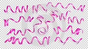 Set of realistic pink ribbons on transparency background. Vector illustration. Can be used for greeting card, holidays