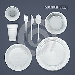 Set of realistic plastic dishes on a gray background.