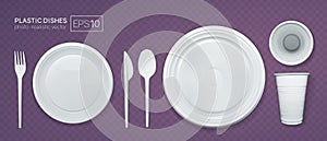Set of realistic plastic dishes on a purple background.