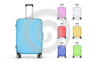 Set of realistic plastic suitcases. Travel bag isolated on white background. Vector Illustration