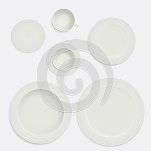 Set realistic plates, cup and saucer creamy color. Kitchen utensils isolated on white background, vector