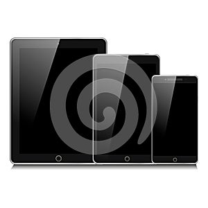 Set of realistic portable devices. Black tablet mini pad, and mobile phone. Vector Illustration EPS 10.