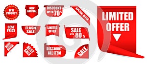 Set of realistic price tag isolated or mock up blank red labels offer collection or template ribbon banner sale concept.