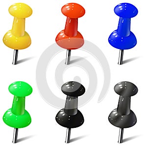 Set of realistic push pins in different colors. Thumbtacks