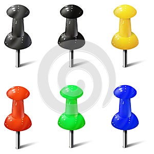 Set of realistic push pins in different colors. Thumbtacks