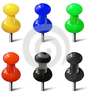 Set of realistic push pins in different colors. Thumbtacks