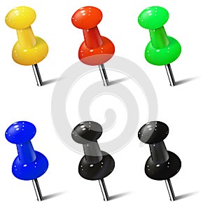 Set of realistic push pins in different colors. Thumbtacks