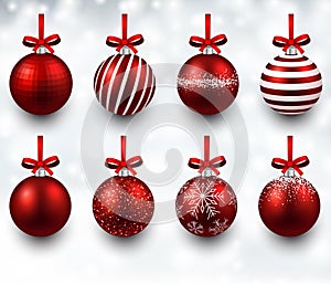 Set of realistic red christmas balls.