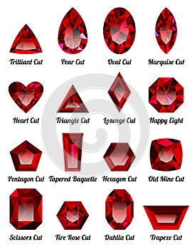 Set of realistic red rubies with complex cuts