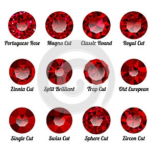 Set of realistic red rubies with round cuts