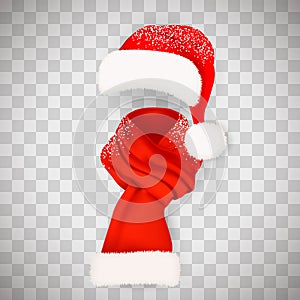 Set of realistic red Santa Claus hat with fluffy fur pompon aand long scarf with snow isolated on transparent background. Vector