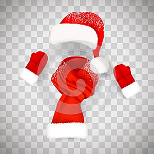 Set of realistic red Santa Claus hat with fluffy fur pompon aand long scarf with snow isolated on transparent background. Vector