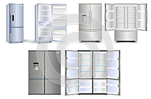 Set of realistic refrigerator with one door or open refrigerator with two doors full of food vegetable meat fish