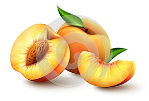 Set of Realistic ripe peaches with green leaves, whole, half and slices. Juicy sweet fruits realistic 3d vector high detail on