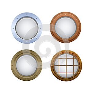 Set of round oval windows, portholes. Illuminators on submarine, ship.