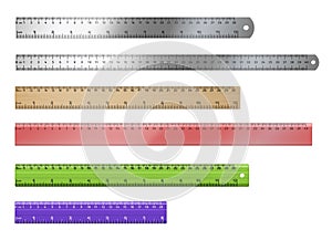 Set of realistic rulers: plastic and metal of different length and color with measures