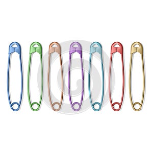 Set of Realistic safety pins for clothes, safety pins of rainbow colors isolated on white, vector illustration