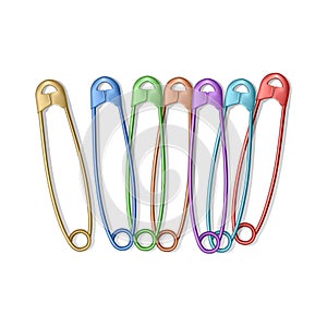 Set of Realistic safety pins for clothes, safety pins of rainbow colors isolated on white, vector illustration