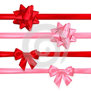 Set of realistic shiny red and pink bows. Decoration element for Valentines day or other holiday. Vector isolated on white