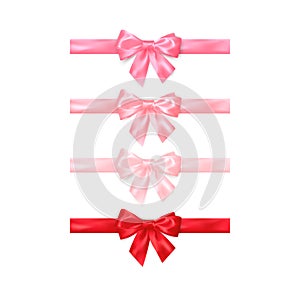 Set of realistic shiny red and pink bows isolated on white background. Decoration element for Valentines day or other holiday.
