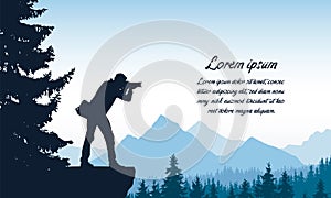 Set realistic silhouettes of male photographer standing on rock with camera. Mountain landscape with forest under blue sky, with