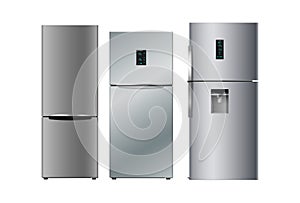 Set of realistic silver fridges for modern kitchen. 3d detailed refrigerators collection