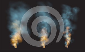 Set Realistic smoke and fire shapes on a black background. Vector illustration