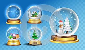 Set of realistic snowglobe christmas decorative isolated or snow ball maguc crystallizing or christmas decoration snow glass.