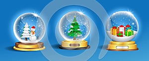 Set of realistic snowglobe christmas decorative isolated or snow ball maguc crystallizing or christmas decoration snow glass.