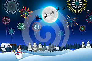 Set of realistic snowman with fireworks show isolated or cute snowman with santa hat on snowy background.